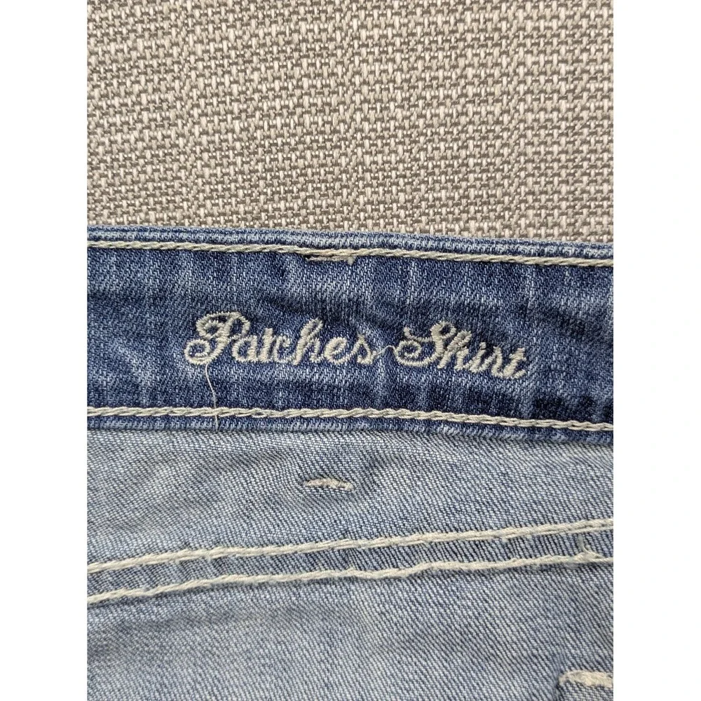 Cowgirl Tuff Co Skirt Womens 32 Blue Denim Mini Lace Patches Raw Hem Cowboy